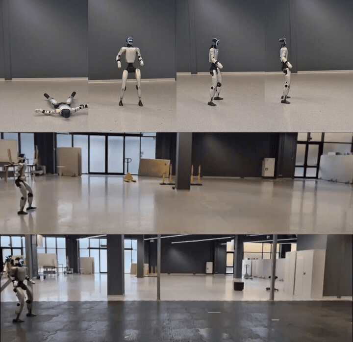 WBC-Mjlab Unitree G1 hardware collage: get-up recovery and walking